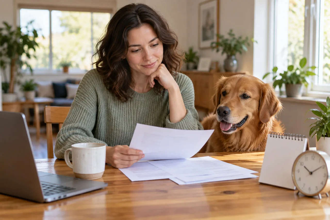 Owner reading a document beside a dog at a table